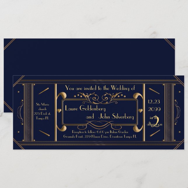 art deco wedding ticket,navy, back navy invitation (Front/Back)