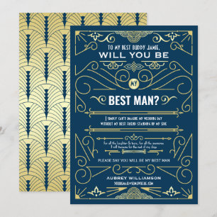 Art Deco Wedding Will You Be My Best Man Gold Blue Invitation