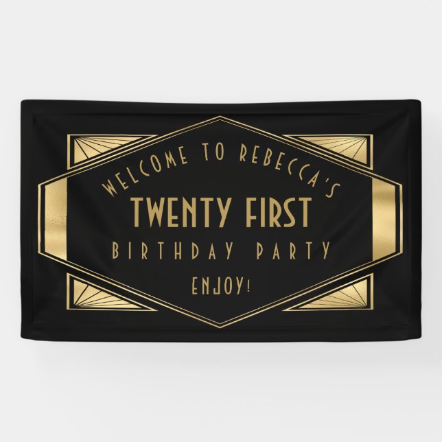 Art Deco Welcome 21st Birthday Party Gold Black Banner (Horizontal)