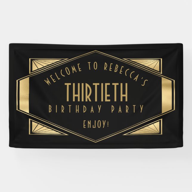 Art Deco Welcome to 30th Birthday Party Gold Black Banner (Horizontal)