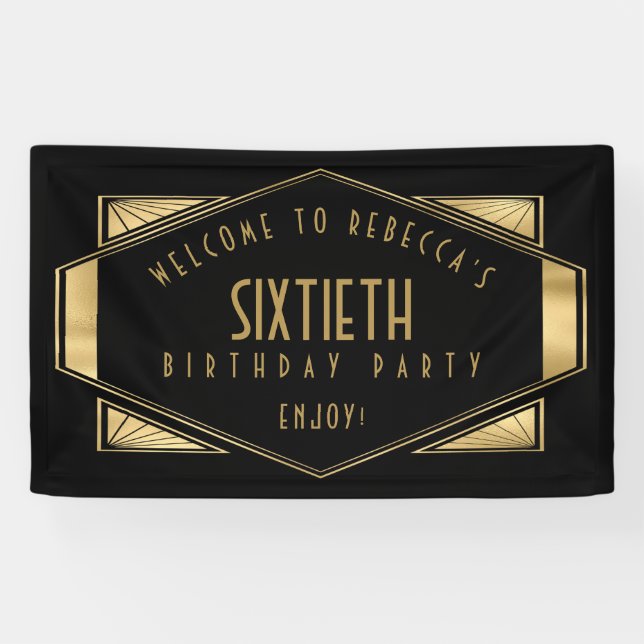 Art Deco Welcome to 60th Birthday Party Gold Black Banner (Horizontal)