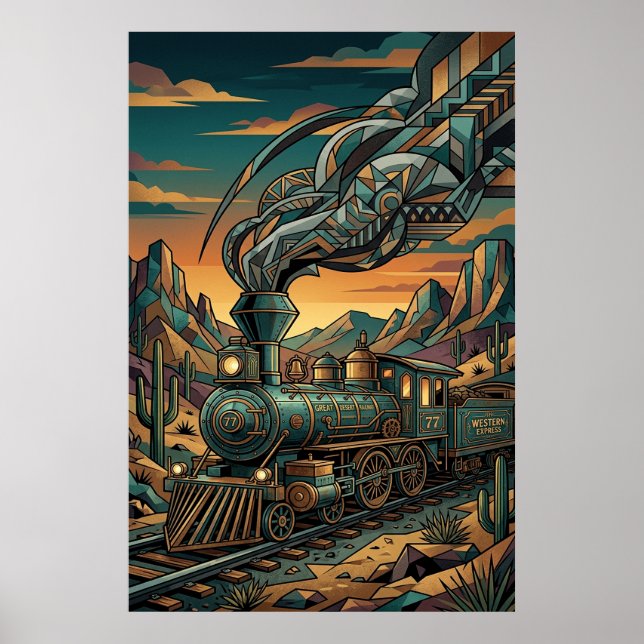 Art Deco Western Express Train, Geometric Wall Art (Front)