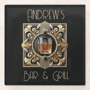 Art Deco, Whiskey Logo Bar & Grill Glass Coaster