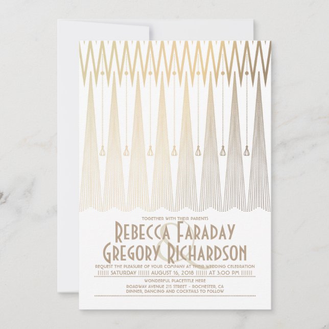 Art Deco White and Gold Elegant Geometric Wedding Invitation (Front)