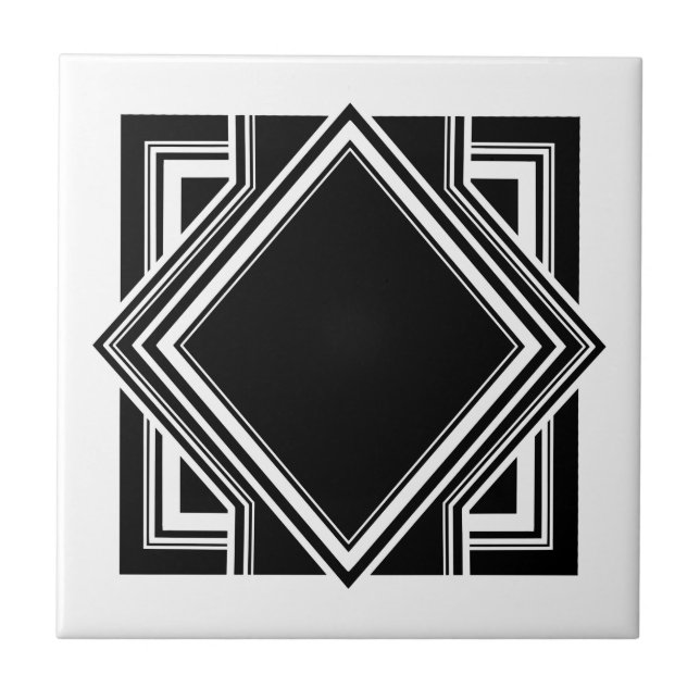 Art Deco White Black Geometric Square Element 05 Tile (Front)