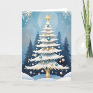 Art Deco White Christmas Tree Golden Metal Stem Holiday Card