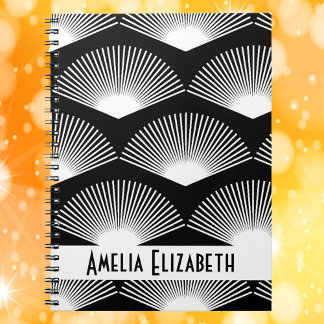 Art Deco White Fan Pattern Black Personalise Notebook