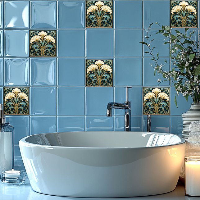 Art Deco White Flower Blue Turquoise Gold Tile (Creator Uploaded)