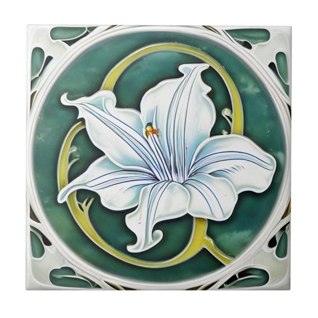 Art Deco White Lily Tile (Front)