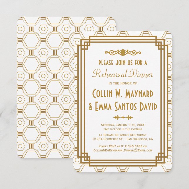 Art Deco White Rehearsal Dinner Invitations (Front/Back)