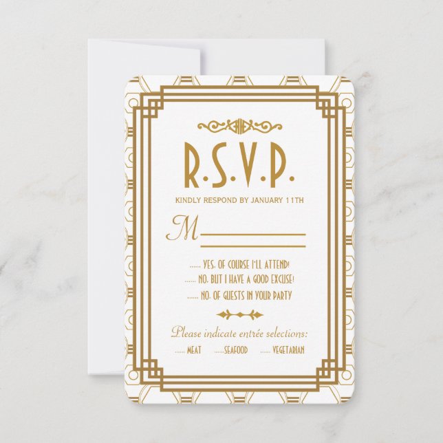 Art Deco White Wedding RSVP Cards (Front)