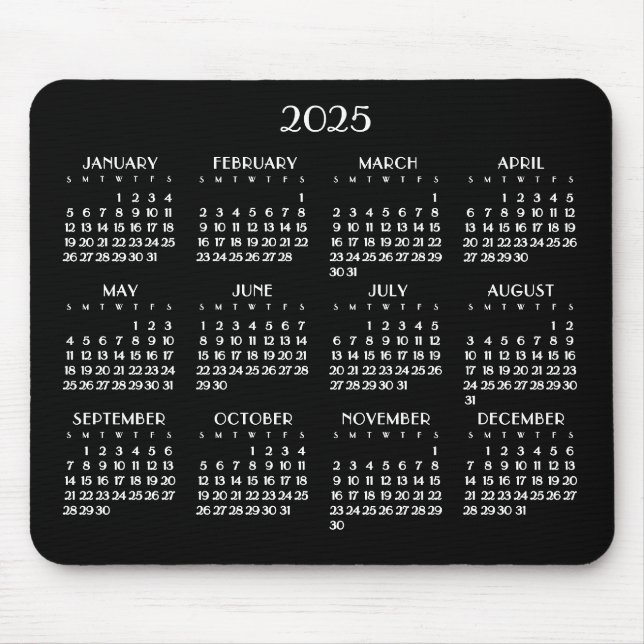 Art Deco White Yearly Calendar 2025 Mouse Mat (Front)