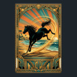 Art Deco Wild Horse Beach Sunset Teal Orange Poster<br><div class="desc">Capture the untamed spirit of the frontier with this dynamic Art Deco illustration. A powerful black horse leaps across a sandy beach with stylized ocean waves in the background. Framed by a radiant teal and orange sunburst and an intricate geometric border featuring cactus motifs, this piece perfectly bridges the gap...</div>