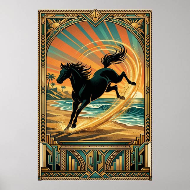 Art Deco Wild Horse Beach Sunset Teal Orange Poster (Front)