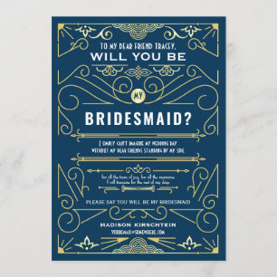 Art Deco Will You Be My Bridesmaid Gold Blue Invitation