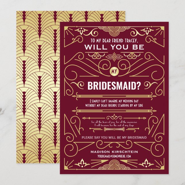 Art Deco Will You Be My Bridesmaid Gold Burgundy Invitation (Front/Back)