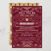 Art Deco Will You Be My Bridesmaid Gold Burgundy
