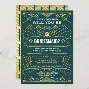 Art Deco Will You Be My Bridesmaid Gold Green Invitation