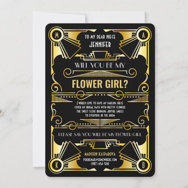 Art Deco Will You Be My Flower Girl Gold & Black Invitation (Front)