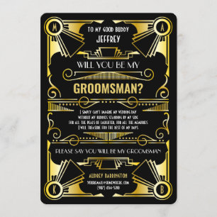 Art Deco Will You Be My Groomsman Gold & Black Invitation
