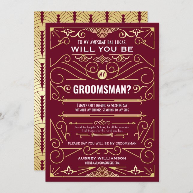 Art Deco Will You Be My Groomsman Gold Burgundy Invitation (Front/Back)
