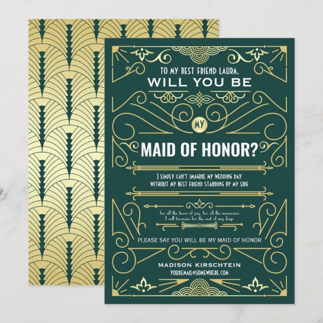 Art Deco Will You Be My Maid of Honour Gold Green Invitation (Front/Back)