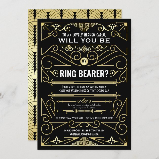 Art Deco Will You Be My Ring Bearer Gold Black Invitation (Front/Back)