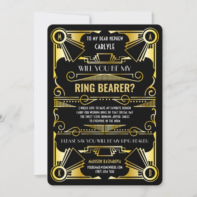 Art Deco Will You Be My Ring Bearer Gold & Black Invitation (Front)