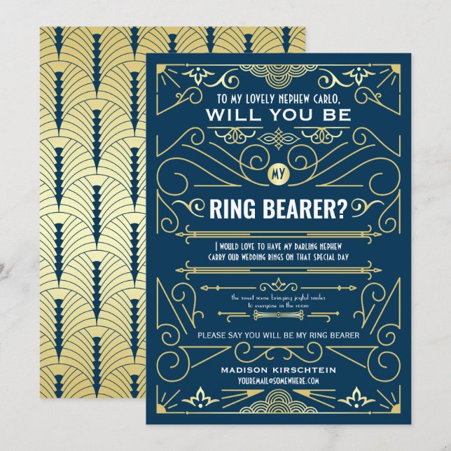 Art Deco Will You Be My Ring Bearer Gold Dark Blue Invitation (Front/Back)