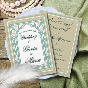 Art Deco William Morris Floral Green Wedding  Invitation