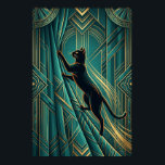 Art Deco Windowsill Black Cat Wall Art<br><div class="desc">A contemplative black cat silhouette perches on a geometric teal windowsill gazing outward,  framed by stylized golden curtain folds and orange sunset rays. This elegant 1920s scene brings peaceful sophistication to bedrooms,  hallways and living spaces.</div>