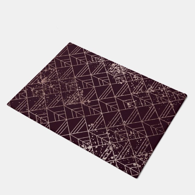 Art Deco Wine Red Gold Geometric Retro Pattern Doormat (Angled)