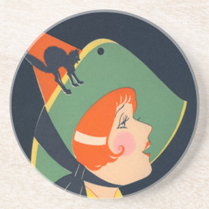 Art Deco Witch Hat Black Cat Coaster
