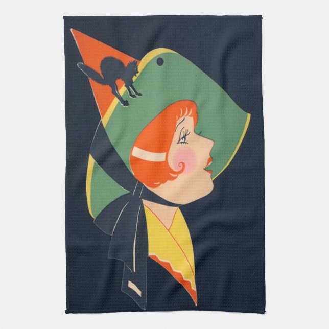 Art Deco Witch Hat Black Cat Tea Towel (Vertical)