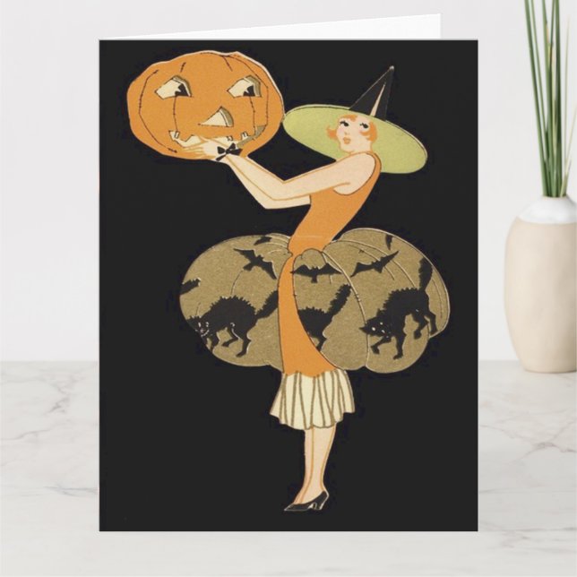 Art Deco Witch Jack O Lantern Pumpkin Black Cat Card (Front)