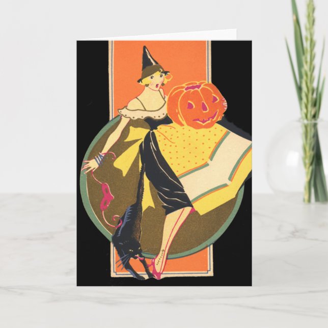 Art Deco Witch Jack O Lantern Pumpkin Black Cat Card (Front)
