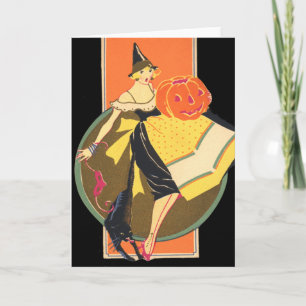 Art Deco Witch Jack O Lantern Pumpkin Black Cat Card