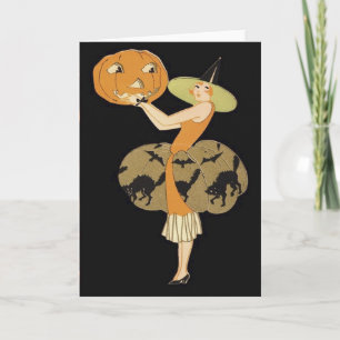 Art Deco Witch Jack O Lantern Pumpkin Black Cat Card