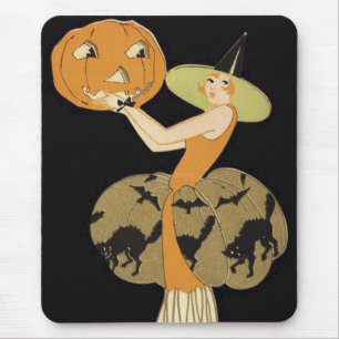 Art Deco Witch Jack O Lantern Pumpkin Black Cat Mouse Mat