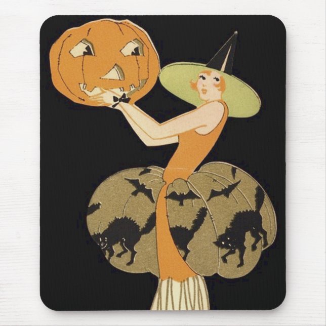 Art Deco Witch Jack O Lantern Pumpkin Black Cat Mouse Mat (Front)