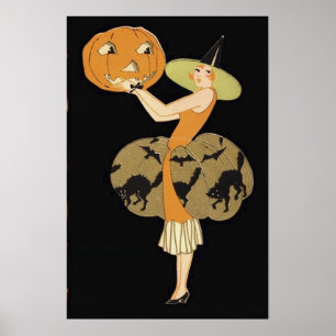 Art Deco Witch Jack O Lantern Pumpkin Black Cat Poster