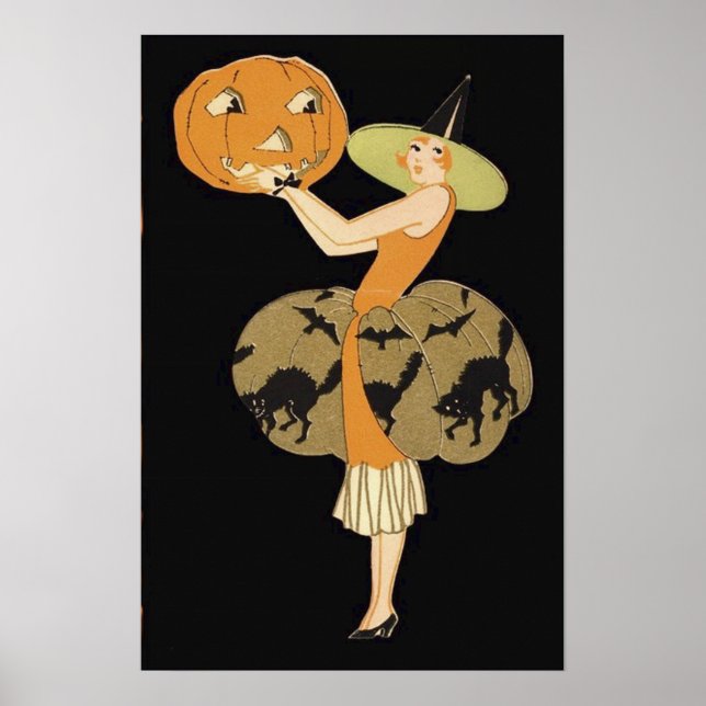 Art Deco Witch Jack O Lantern Pumpkin Black Cat Poster (Front)
