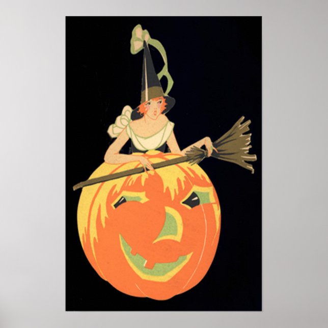 Art Deco Witch Jack O Lantern Pumpkin Broom Poster (Front)