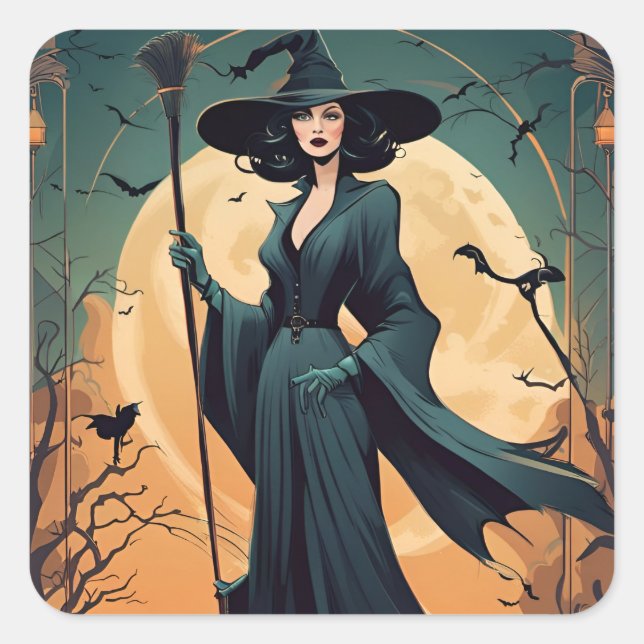 Art Deco Witch with Black Cat and Full Moon Square Sticker (Front)