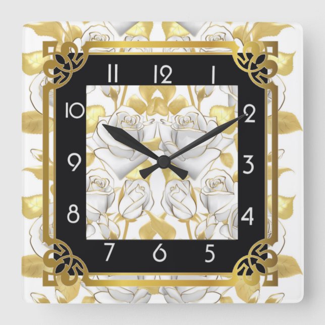Art Deco with golden roses Square Wall Clock (Front)