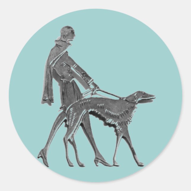 Art Deco Woman and Dog Classic Round Sticker (Front)