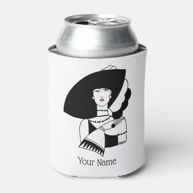 Art Deco Woman In Big Hat Gloves RL Can Cooler (Can Front)