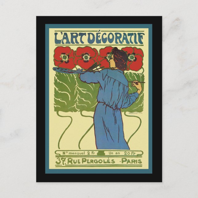 Art Deco Woman Painting Poppies Postcard (Front)