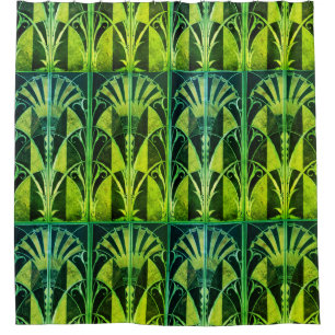 ART DECO WOOD INLAY FANS  SHOWER CURTAIN