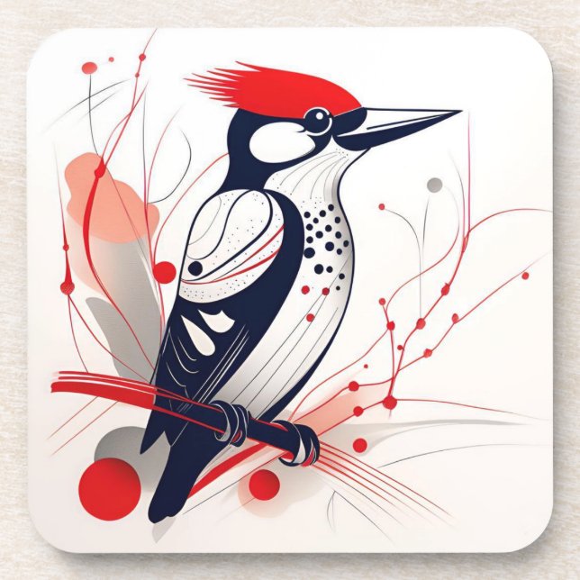 Art Deco Woodpecker Hard plastic coaster set (Front)